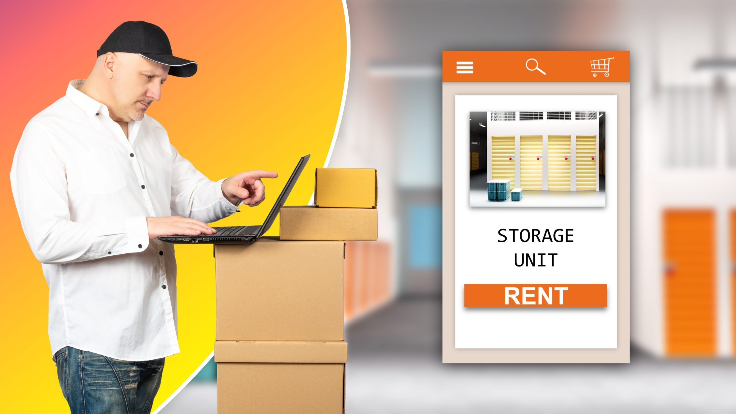 Man on computer using boxes as desk renting storage units with storage management Vancouver.